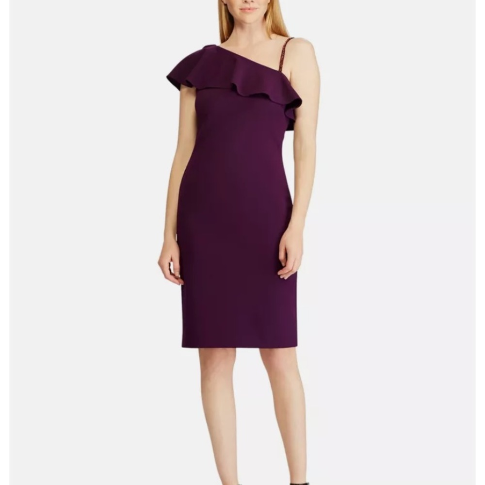 Ralph Lauren Purple Sheath Cocktail Dress Ruffle Shoulder